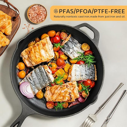 EWFEN Cast Iron Skillet 12 Inch, Pre-Seasoned Frying Pan, Heavy-Duty Professional Restaurant Chef Quality Cookware with Drip Spout, Indoor & Outdoor Use, Compatible with Oven, Stove, Grill & Campfire
