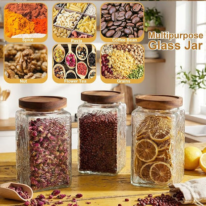 Domensi 6 Pack Vintage Glass Jars with Lids 34 oz Airtight Food Storage Containers Acacia Wood Mason Jar Lids Airtight Pantry Containers for Kitchen Countertop Tea Coffee Spices and Snacks
