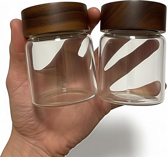Wide Mouth Glass Storage Jars With 2.5" Acacia Wood Lids - 6 Pack of 6 Oz Food Storage Containers - Borosilicate Glass Canisters Sets For Kitchen - Pantry Organizers and Storage for Flour Rice Coffee