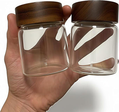 Wide Mouth Glass Storage Jars With 2.5" Acacia Wood Lids - 4 Pack of 6 Oz Food Storage Containers - Borosilicate Glass Canisters Sets For Kitchen - Pantry Organizers and Storage for Rice Coffee Beans