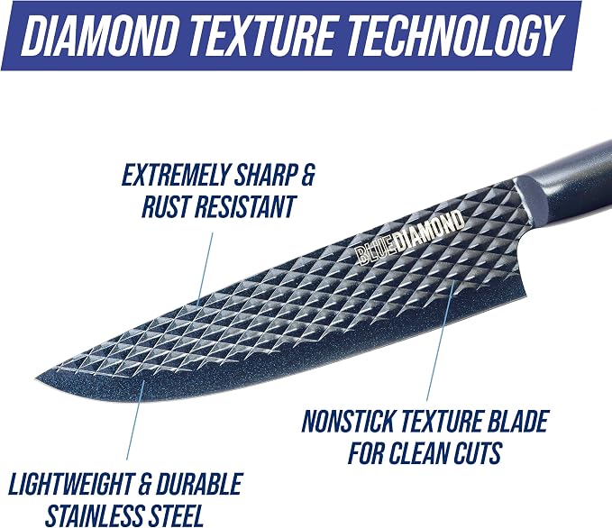 Blue Diamond Sharp Stone 14 Piece Knife Block Set, PFAS-Free Nonstick Diamond Textured Stainless Steel Blades, Rust Resistant Kitchen Cutlery, Chef & Steak Knives, Dishwasher Safe, Navy