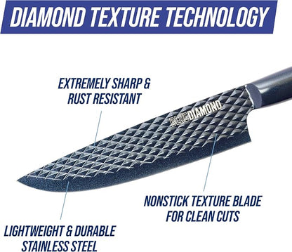 Blue Diamond Sharp Stone 14 Piece Knife Block Set, PFAS-Free Nonstick Diamond Textured Stainless Steel Blades, Rust Resistant Kitchen Cutlery, Chef & Steak Knives, Dishwasher Safe, Navy