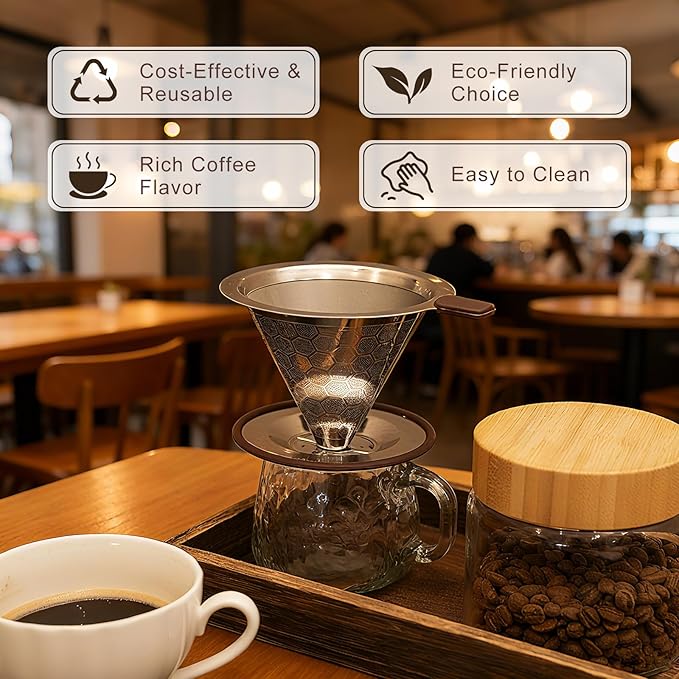Pour over Coffee Dripper, Stainless Steel Paperless Reusable Coffee Filter, Metal 600 Mesh Strainer Coffee Maker (1-2 Cups)