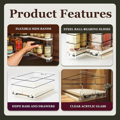 Vertical Spice - Large Pullout Sliding Spice Rack Organizer - 2 Individual 1 Tier Drawers - Premium Rolling Seasoning Holder/Caddy for Hidden Pantry Storage - Made in USA (6.9''W x 5.0" H x 10.6''D)