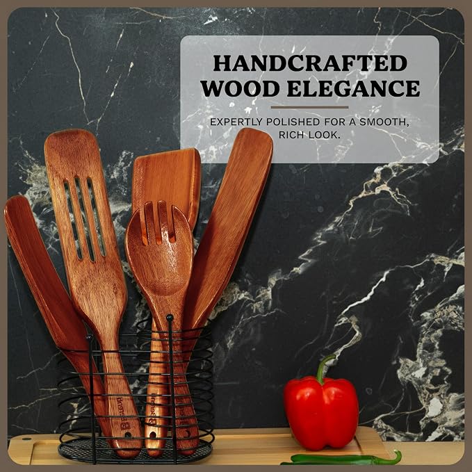 10Pcs Wooden Kitchen Utensil Set, Premium Natural Acacia Wood Cooking Utensils for Nonstick Cookware, Spoon Spatula Turner Ladle Skimmer Serving Tools
