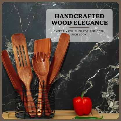 10Pcs Wooden Kitchen Utensil Set, Premium Natural Acacia Wood Cooking Utensils for Nonstick Cookware, Spoon Spatula Turner Ladle Skimmer Serving Tools