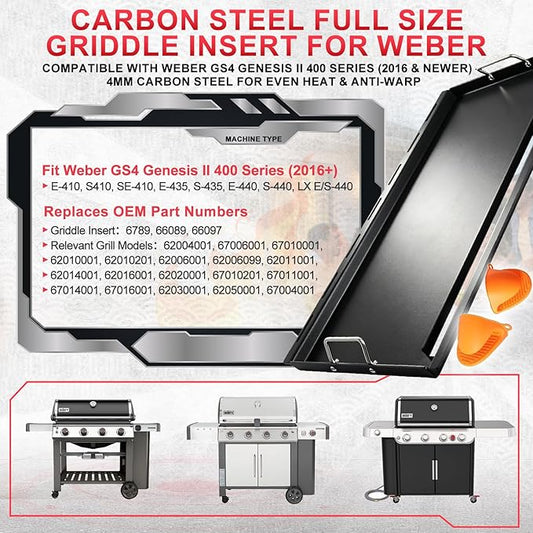 6789 Genesis II 400 Full Size Griddle Insert for Weber GS4 II 400 Series Grills Parts Genesis 2 E-410 S410 E-435 S-435 E-440 S-440 LX E/S-440 Flat Top Griddle with Handles, Carbon Steel for 66097