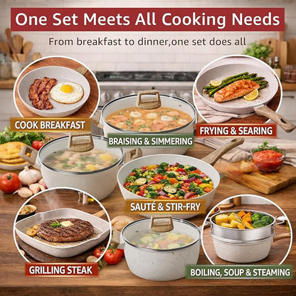 24Pcs Pots and Pans Set Non Stick,Ceramic Cookware Set with Titanium-Reinforced Nonstick Coating,Long-Lasting,PFAS-Free,Induction Compatible,Full Kitchen Set with 3 Stock Pots for Family Cooking