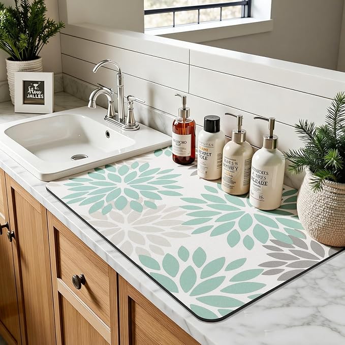 Findosom Floral Dish Drying Mat, 12" x 20" Super Absorbent & Hide Stain Coffee Mat, Cuttable Drying Mat for Kitchen Counter, Under Dish Rack, Coffee Maker, Espresso Machine, Teal