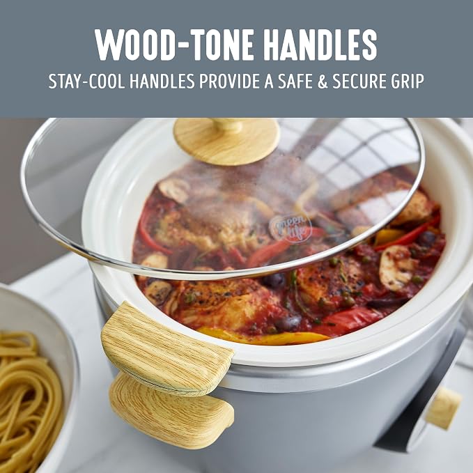 GreenLife 6QT Slow Cooker, Non-Toxic PFAS-Free Ceramic Nonstick Removable Interior Bowl, Programmable, Family Friendly, Keep Warm, Stovetop & Oven Safe, Dishwasher Safe Crock, Timer, Glass Lid, Gray