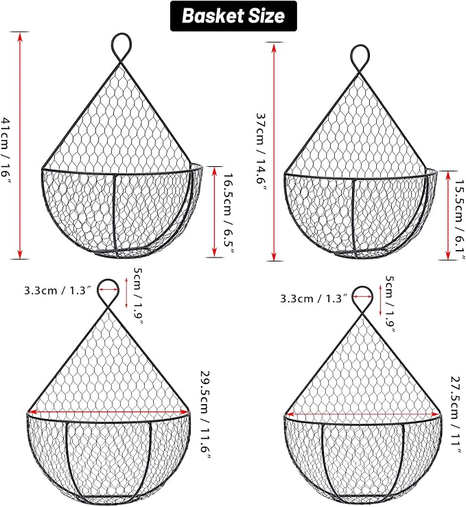 BSTKEY Set of 2,Wall-Mounted Hanging Metal Fruit Vegetable Baskets Hanging Produce Bins for Flowers, Decorations,Veggies,Decorations and More, Black