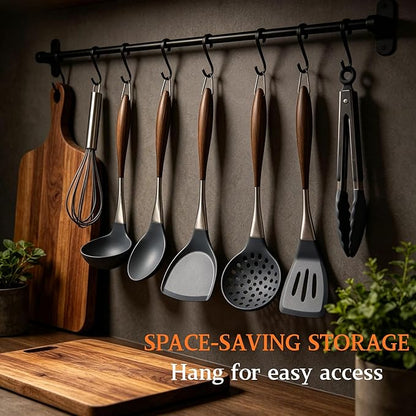 Silicone Cooking Utensil Set 7-Piece, Heat Resistant Kitchen Utensils Set Non-Stick with Wood Grain Handle, BPA-Free Spatula Set Dishwasher Safe (Space Gray)