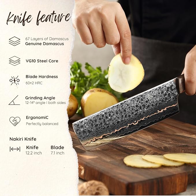 Wakoli Kawa Nakiri Knife, 7.1-Inch Blade Damascus Chef Knife | 67-Layer Damascus Steel with VG10 Core | Copper Inlay | Maple Stabilized Wood Handle | Professional Kitchen Knife