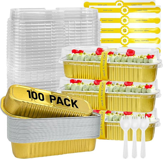 100Pack Gold Mini Cake Pans With Lids, 6.8 Oz Loaf Pans With Lids, Baking Cups Muffin Tins,Disposable Baking Pans Holders For Brownie Cake Bread