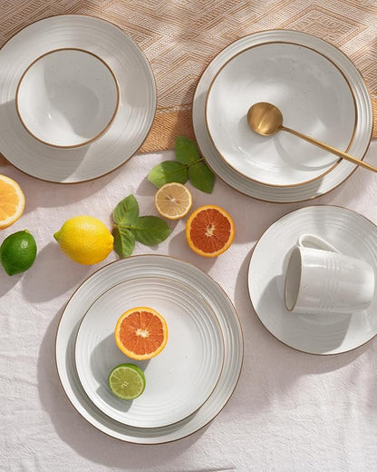 Famiware Jupiter 24-Piece Stoneware Dinnerware Set, Handcrafted Plates and Bowls with Speckles & Embossed Swirls, Chip/Scratch Resistant, Microwave/Dishwasher Safe, Rustic Dishes, Service for 8, White