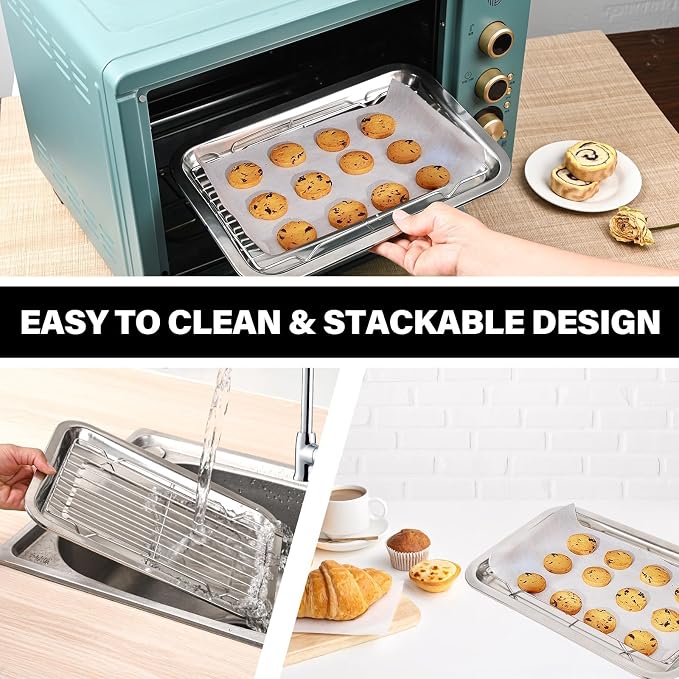 Baking Sheet with Cooling Rack Set, 3 Stainless Steel Baking Pan Cookie Sheet with 3 Cooling Rack, 9/12/16 Inch Cookie Tray Pans for Baking, Non Toxic & Easy Clean