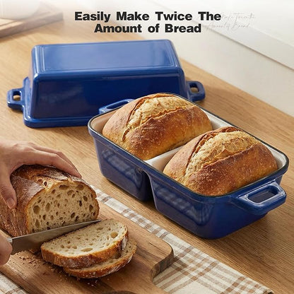 Double Dutch Oven for Sourdough Bread Baking,Enameled Cast Iron Dutch Oven with Lid,Double-Chamber Square Mini Sourdough Loaf Pan for Homemade Bread,Dark Blue(Patent Has Been Applied for)