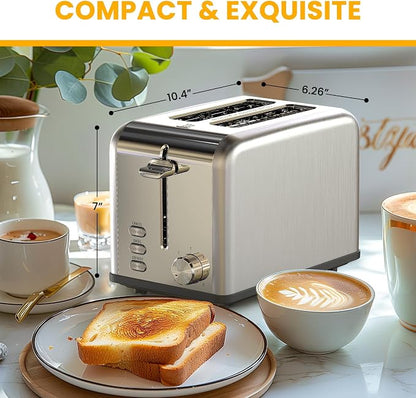 Simple Deluxe 2-Slice Toaster, Stainless Steel Toaster, 6 Browning Setting and 3 Function, Extra Wide Slot & Removable Crumb Tray, for Bread & Waffle, Silver
