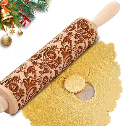Christmas Embossed Rolling Pin for Baking Cookies Embossing Rolling Pins with Design Wooden Engraved Springerle Roller Pin Dough Snowflake Paisley Patterned Clay Pottery Ceramic Bakers (Floral Frost)