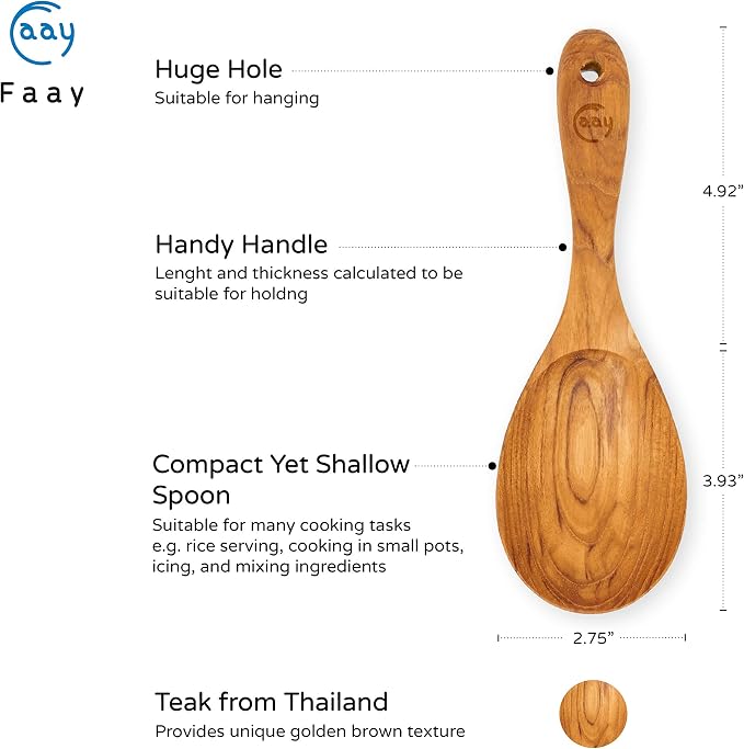 FAAY 9” Rice Paddle, Serving Spoon, Versatile Cooking Spoon – Handcraft from High Moist Resistance Golden Teak Wood | Durable, Healthy, Ergonomic Handle for Non Stick Cookware