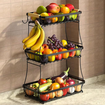 Sevenblue 3 Tier Fruit Basket for Kitchen Counter with 2 Mobile Banana Hangers, 2026 Pro Detachable Metal Fruit Bowl with Wooden Handle, Fruit Holder for Bread Snack Veggies with Protective Mats