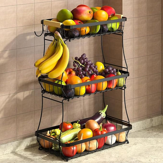 Sevenblue 3 Tier Fruit Basket for Kitchen Counter with 2 Mobile Banana Hangers, 2026 Pro Detachable Metal Fruit Bowl with Wooden Handle, Fruit Holder for Bread Snack Veggies with Protective Mats
