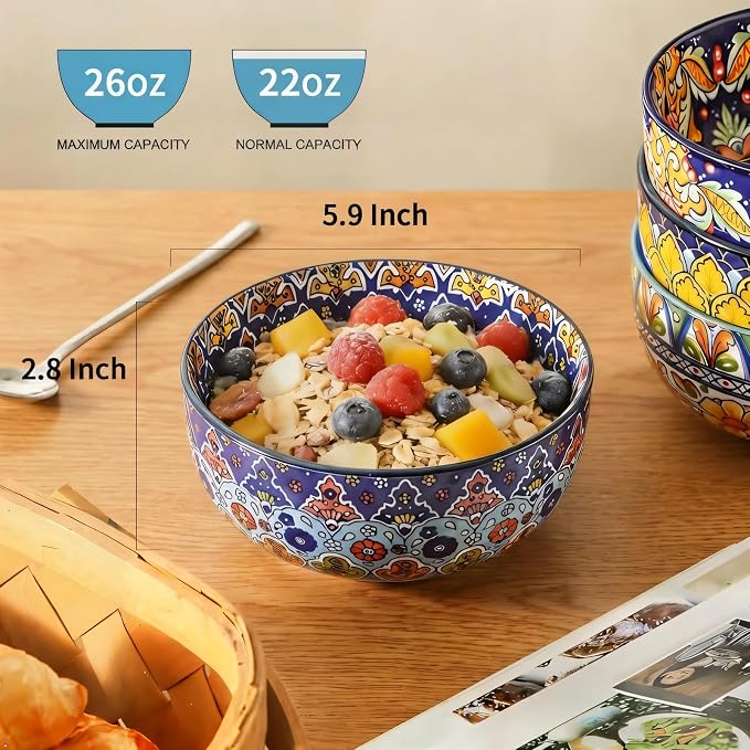 glowworm Cereal Bowls, 26 Oz Ceramic Soup Bowl Set of 6, Colorful Bowl for Kitchen Cooking, Ideal for Rice Oatmeal Fruit Ice Cream Dessert, Dishwasher & Microwave Safe, Bohemian