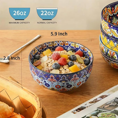 glowworm Cereal Bowls, 26 Oz Ceramic Soup Bowl Set of 6, Colorful Bowl for Kitchen Cooking, Ideal for Rice Oatmeal Fruit Ice Cream Dessert, Dishwasher & Microwave Safe, Bohemian