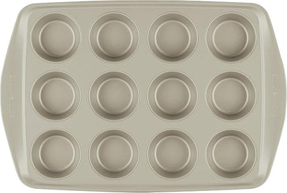 Rachael Ray Nonstick Bakeware Set without Grips includes Nonstick Baking Pan with Lid and Muffin Pan / Cupcake Pan - 3 Piece, Silver