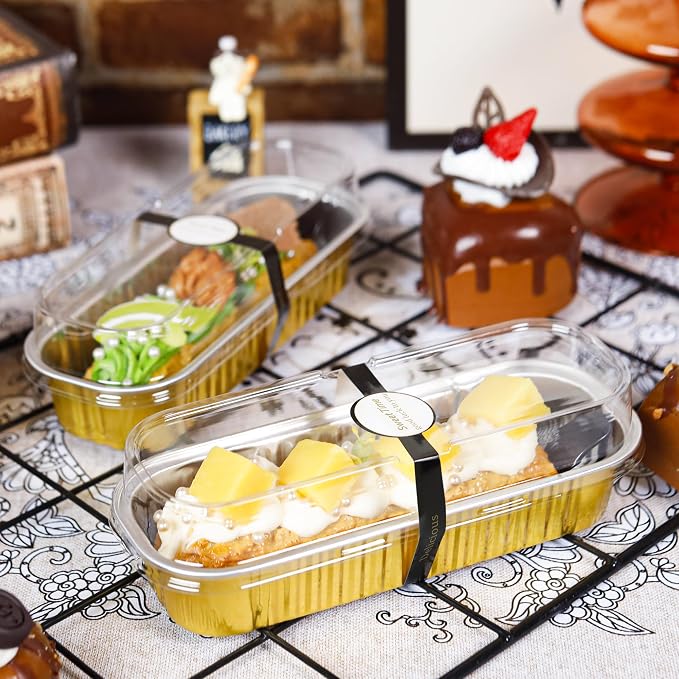 50 Pack Mini Loaf Pans with Lids Rectangle Individual Cake Pans Aluminum Foil Pans for Large Gatherings Picnics Vacations Parties, Graduation Gifts Party Favors(Gold, 6.8 OZ)