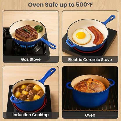 QuliMetal Nonstick Enameled Cast Iron Cookware Set, 5 Pcs Pots and Pans with Lid, Skillet, Frying Pan, Saucepan & Dutch Oven for All Stovetops, PFA Free - Ideal for Sourdough Bread Baking