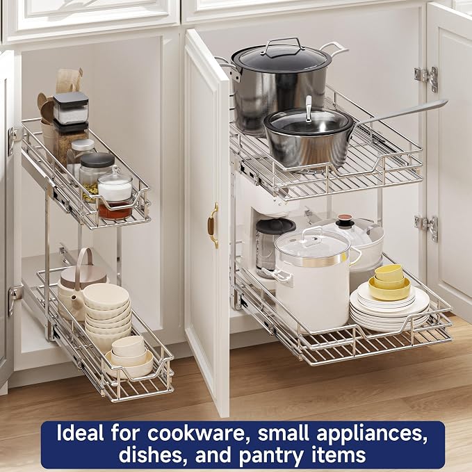 2-Tier Pull Out Cabinet Organizer, 5.5" W x 21.5" D, Heavy Duty Dual Slide Out Shelves for Narrow Base Cabinets, Chrome Wire Basket Drawer for Spices, Bottles & Snacks