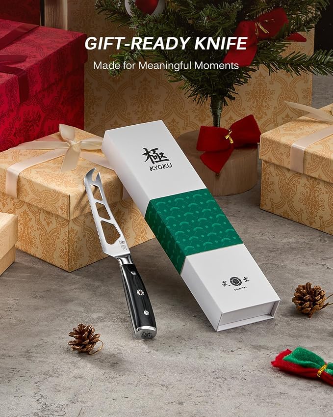 KYOKU 5 in. Serrated Cheese Knife, Samurai Series Cheese Slicer with Hollow Blade Pakkawood Handle, German 1.4116 Stainless Steel Full Tang Knife for Hard Cheese with Protective Sheath & Gift Box