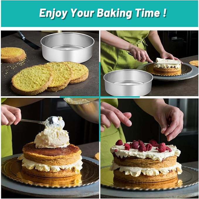TeamFar Round Cake Pans, 9½’’x3’’ Stainless Steel Deep Tier Baking Cake Pan for Wedding Birthday Party, Non-Toxic & Heavy Duty, Straight & Deep Wall, Mirror Finish & Dishwasher Safe - Set of 2