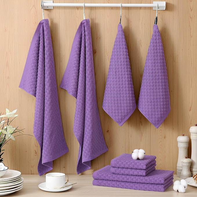 Homaxy 100% Cotton Kitchen Towels and Dishcloths Set, 12 x 12 & 15 x 25 Inches, Set of 16 Bulk Terry Cloth Dish Towels, Super Soft and Absorbent Hand Towel with Hanging Loop, Purple
