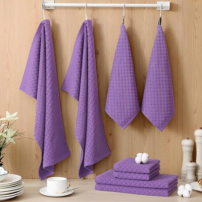 Homaxy 100% Cotton Kitchen Towels and Dishcloths Set, 12 x 12 & 15 x 25 Inches, Set of 16 Bulk Terry Cloth Dish Towels, Super Soft and Absorbent Hand Towel with Hanging Loop, Purple