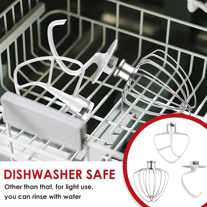 3-Piece Mixer Attachment Kit for KitchenAid 4.5/5 QT Tilt-Head Mixers, Stainless Steel K45WW Wire Whip, K45DH Dough Hook & K45B Coated Flat Beater, Baking Essentials Set, Dishwasher Safe