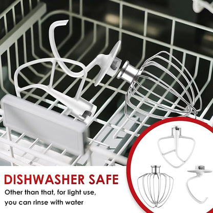 3-Piece Mixer Attachment Kit for KitchenAid 4.5/5 QT Tilt-Head Mixers, Stainless Steel K45WW Wire Whip, K45DH Dough Hook & K45B Coated Flat Beater, Baking Essentials Set, Dishwasher Safe
