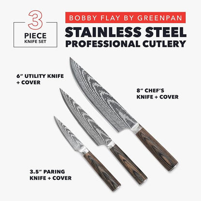 GreenPan x Bobby Flay 3 Piece Knife Set, Pairing Utility & Chef’s Knife, Premium Stainless Steel Blades, Precision Cutting Kitchen Tools, Hand Finished Ergonomic Wood Handle, Damascus Steel Design