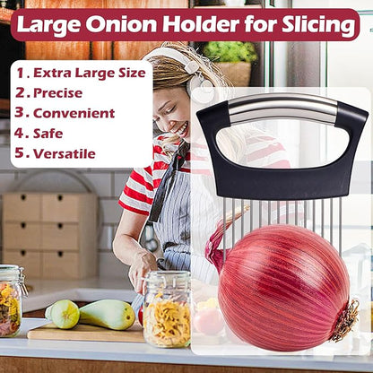 JAYVAR Extra-Large Onion Holder for Slicing, 304 Stainless Steel Large Onion Slicer with 14 Long Needles, Onions Cutter Vegetable Chopper, Tomato Cutter Slicer, Kitchen Gadgets for Evenly Slicing