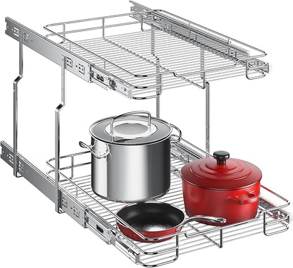 Delamu Pull Out Cabinet Organizer 2-Tier 14" W x 21" D Heavy Duty Chrome-Plated Slide Out Drawers, Kitchen Drawer Organizer Pull Out Shelves for Pots & Pans, Home Pantry Cans & Spices, Silver