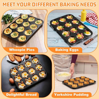 P&P CHEF 12-Cup Muffin Top Pan (2 Piece), Stainless Steel Muffin Pan Cupcake Tin with Shallow Side for Whoopie Pie & Yorkshire Pudding, Easy Clean & Oven Safe, Black