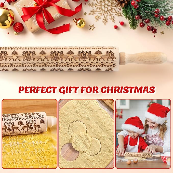 Stocking Stuffers Gifts for Women, Wooden Embossed Rolling Pin for Baking, Deep Engraved Embossing Rolling Pins with Christmas Elk Deer Pattern Designs for Baking Cookies Stamps Roller, DIY Tools