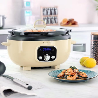 MegaChef 3.7 Quart Oval Electric Digital Slow Cooker with Black Stoneware Crock, Adjustable Timer & Temperature Control, Delay, High, Low & Warm Settings - Versatile Cooking Appliance (Cream)