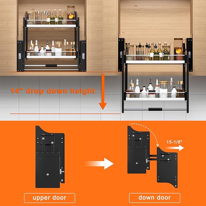 Pull Down Shelf,2-Tier Organizer for Upper Cabinets - Fits 22-24 Inch Wide Upper Cabinets, Heavy Duty Chrome Steel, Space Saving Storage Solution,black