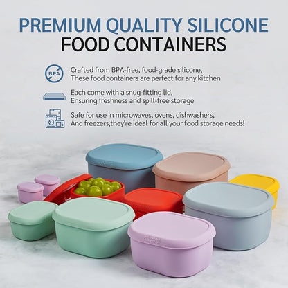 ISSEVE 12Pcs/Set Nesting Silicone Food Storage Containers with Lids, BPA Free Reusable Meal Prep Silicone Containers Airtight, Freezer Dishwasher Safe (33.8oz, 20oz, 10oz, 6.7oz, 1.3oz) (Grey)
