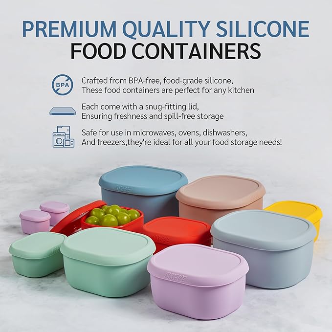 ISSEVE 6Pcs/Set Nesting Silicone Food Storage Containers with Lids, BPA Free Reusable Meal Prep Silicone Containers Lunch Box Bento Box Set (33.8oz, 20oz, 10oz, 6.7oz, 1.3oz) (Green)