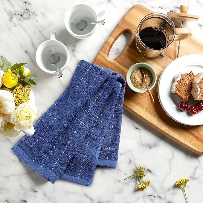 Mordimy 100% Cotton Terry Cloth Kitchen Towels, Super Soft and Absorbent Dish Towels for Drying, Checkered Designed Hand Towels for Kitchen, 13 x 28 Inches, 4 Pack, Navy Blue