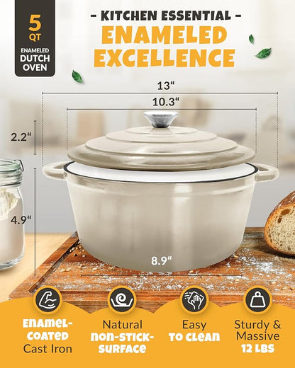 CRUSTLOVE Dutch Oven for Bread Baking - incl. Sourdough Bread-Baking Supplies like Banneton Bread-Proofing Basket - 5QT Enameled Cast Iron Bread-Oven with Lid, Baking Pan, Scoring Tool Lame