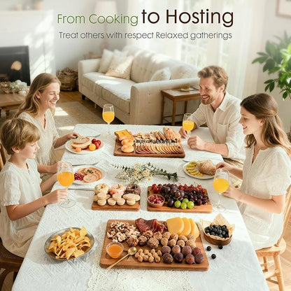 Family enjoying a meal together at a dining table with various food items and drinks.